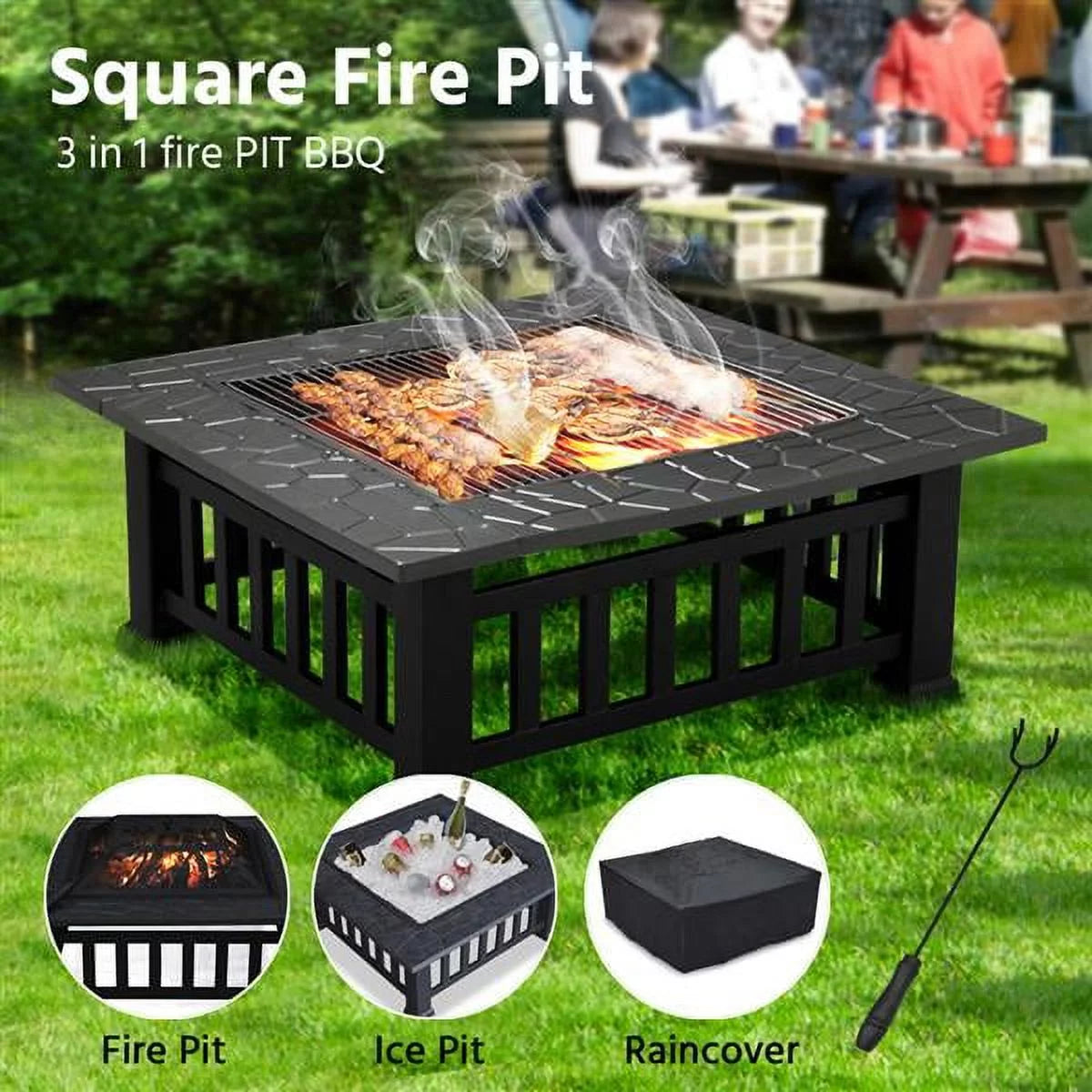32'' Black Metal Square Fire Pit with Cover O9511