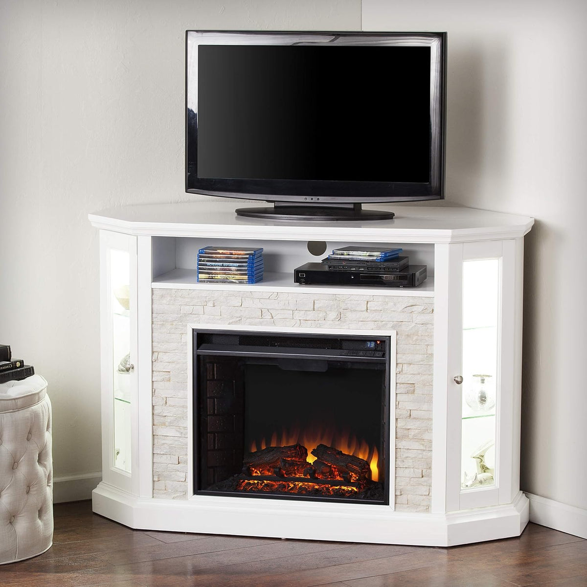 Fresh White Faux Stone Electric Media Storage Corner Fireplace P5897