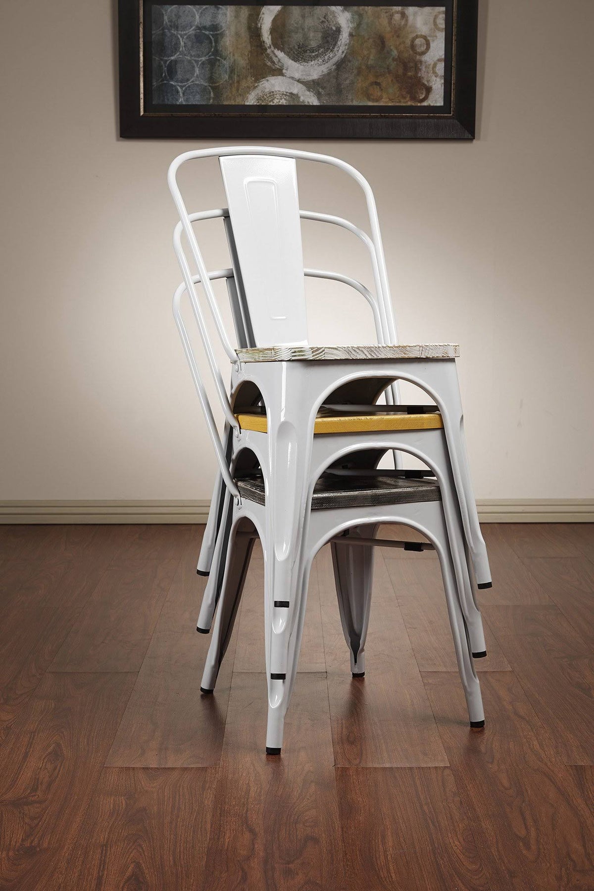 White Metal Chair with Vintage Wood Seat K907