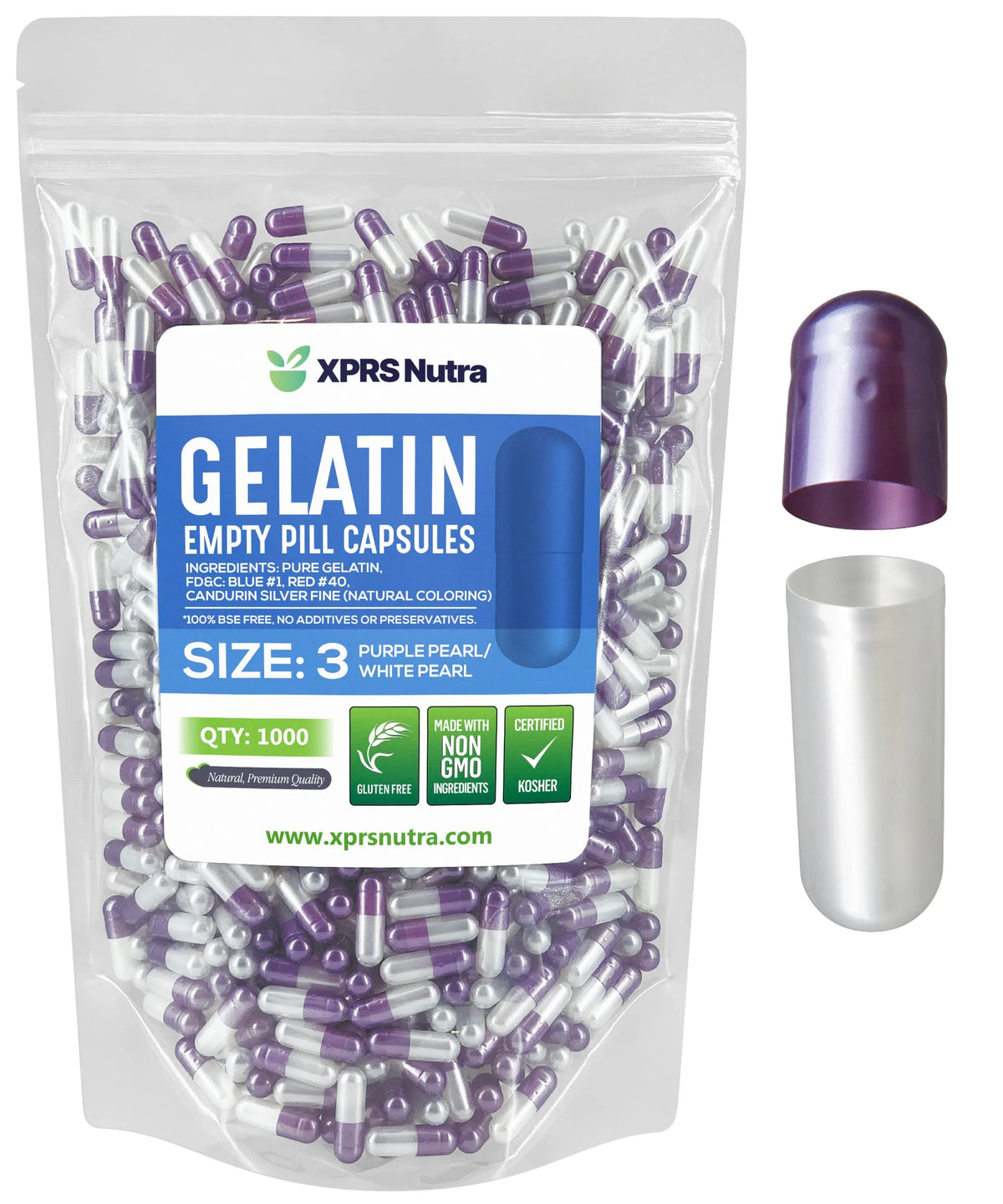 Size 3 Empty Gelatin Capsules 1000 Count Pearl Purple White T7120