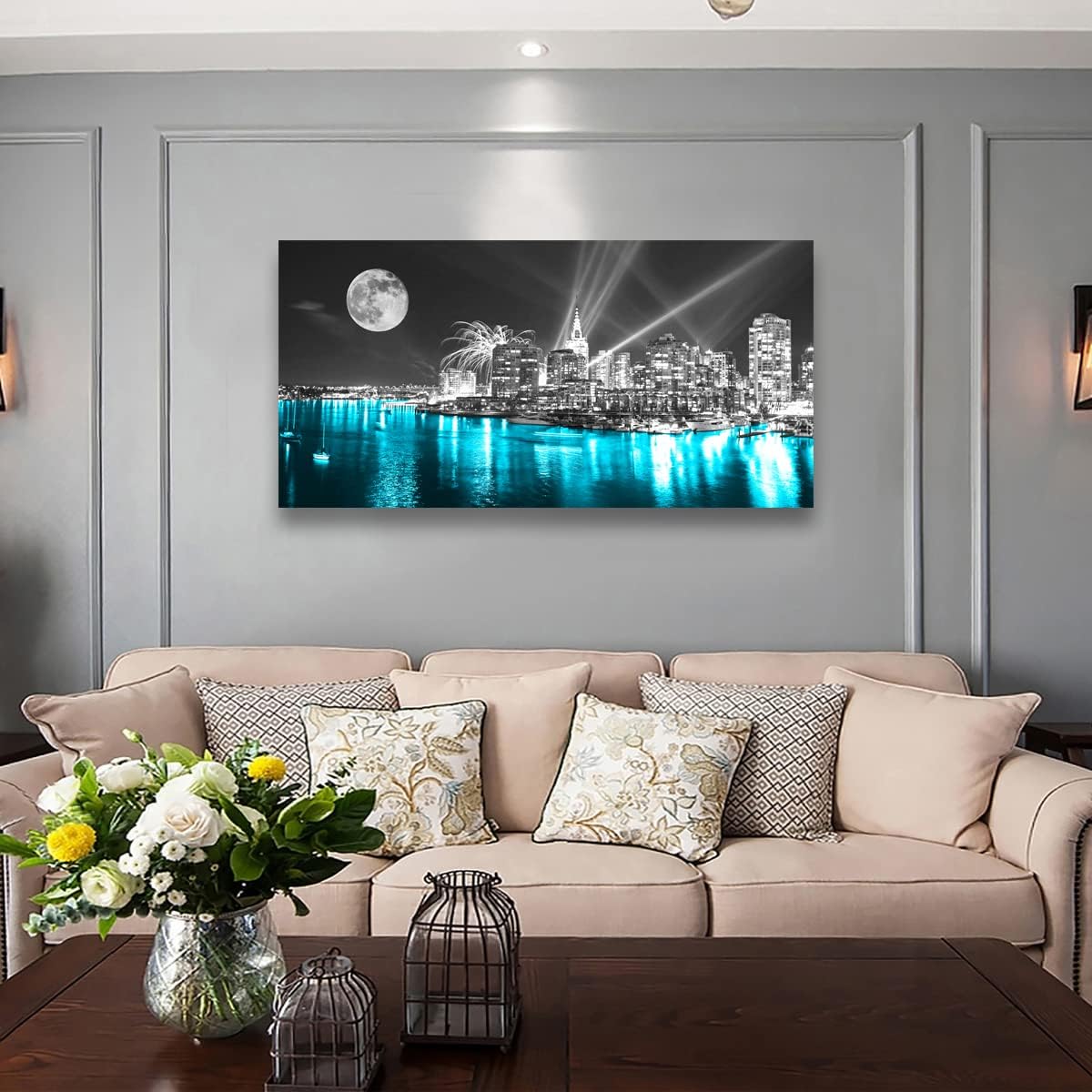 Moon Painting Wall Art Canvas Prints Cityscape Poster Lighted New York City Skyline Pictures Wooden Framed Artwork 20x40 Inches A20149