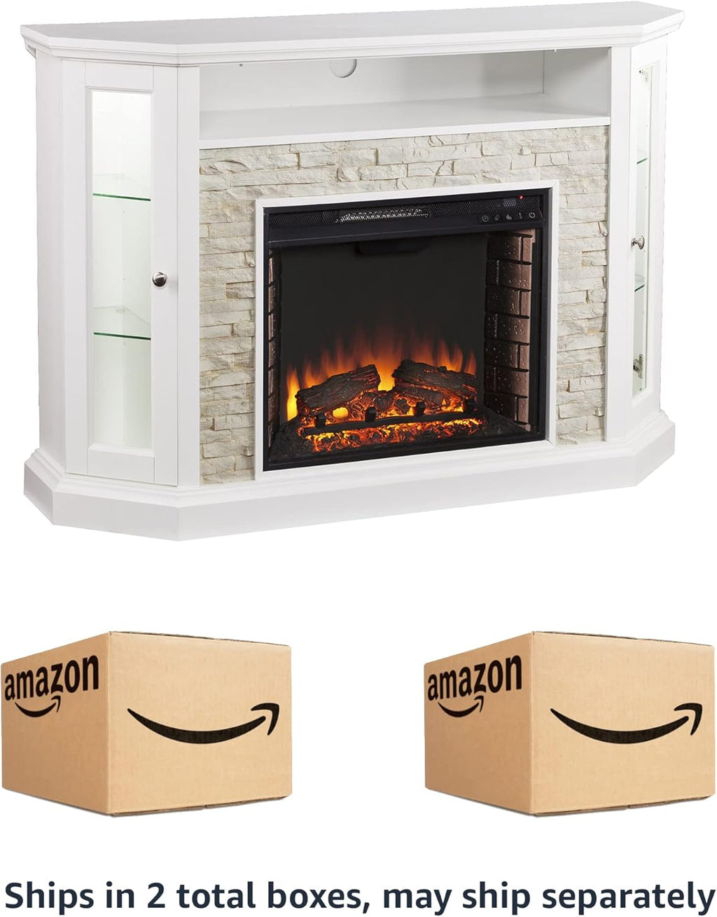 Fresh White Faux Stone Electric Media Storage Corner Fireplace P5897