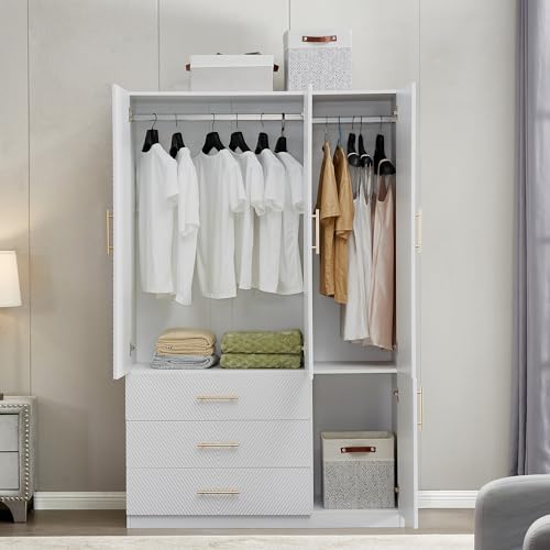 White 4 Doors 3 Drawers Wooden Closet Cabinet Wardrobe Armoire E79392