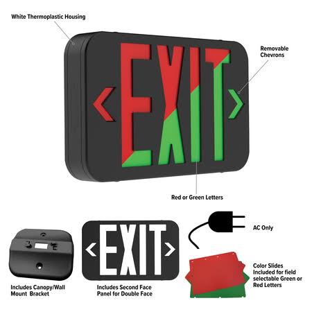 LED Exit Sign with Red or Green LEDs, Black Y248