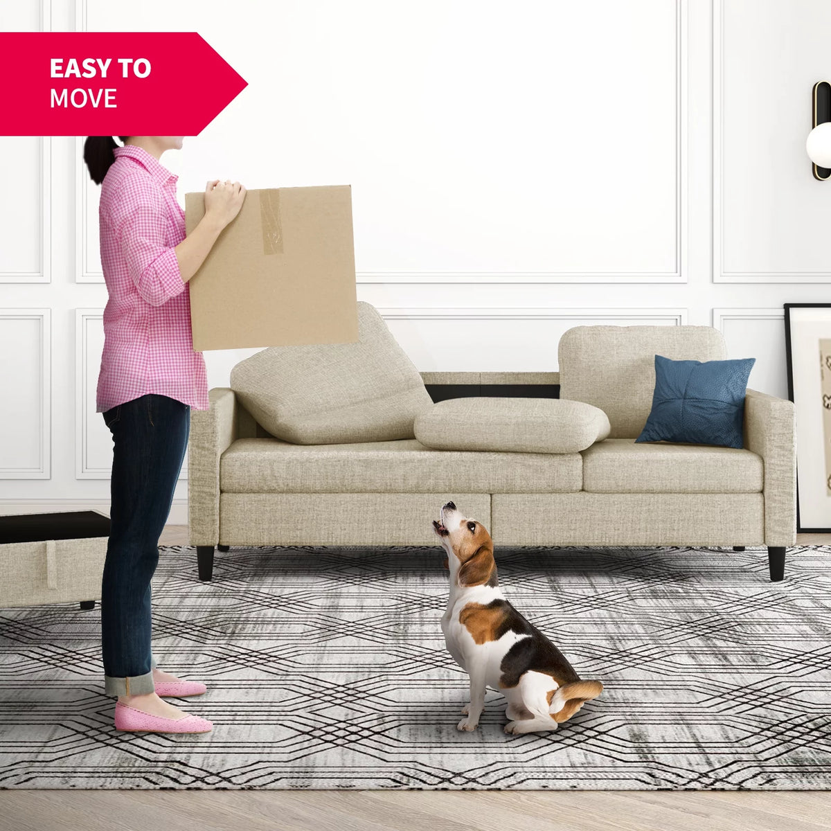 Beige Linen Sectional Sofa with Storage Ottoman G128464