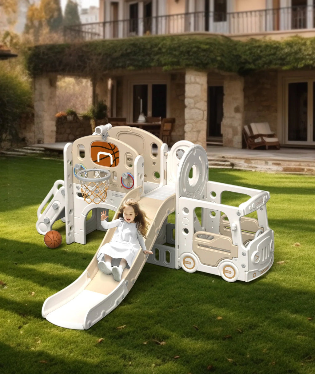 Kids Slide Set with Climber, Basketball Hoop, Tunnel, Playhouse F405