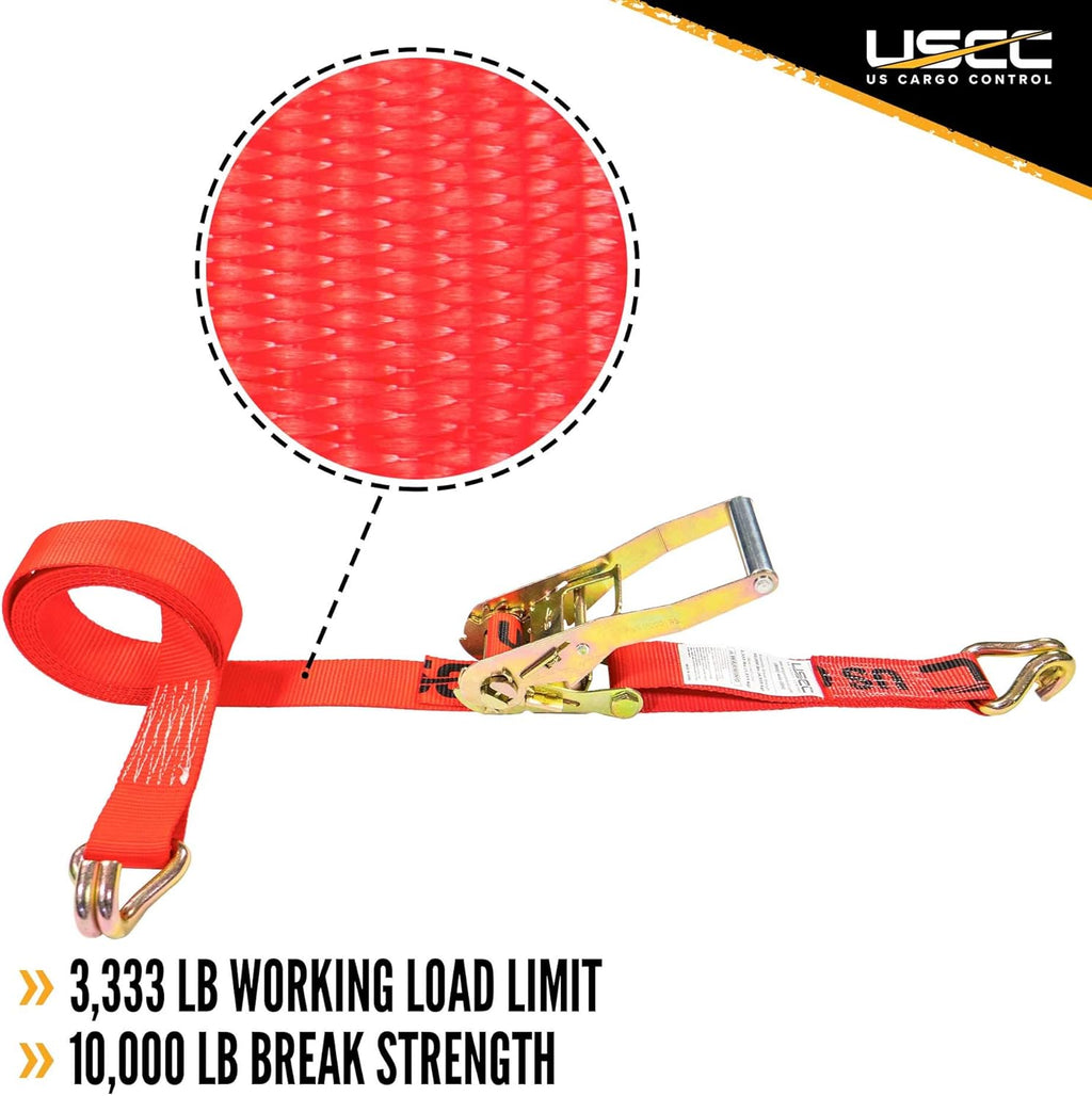 2 Inch x 12 Foot Red Ratchet Tie Down Straps with Double J Hooks, 2 Pack T4338