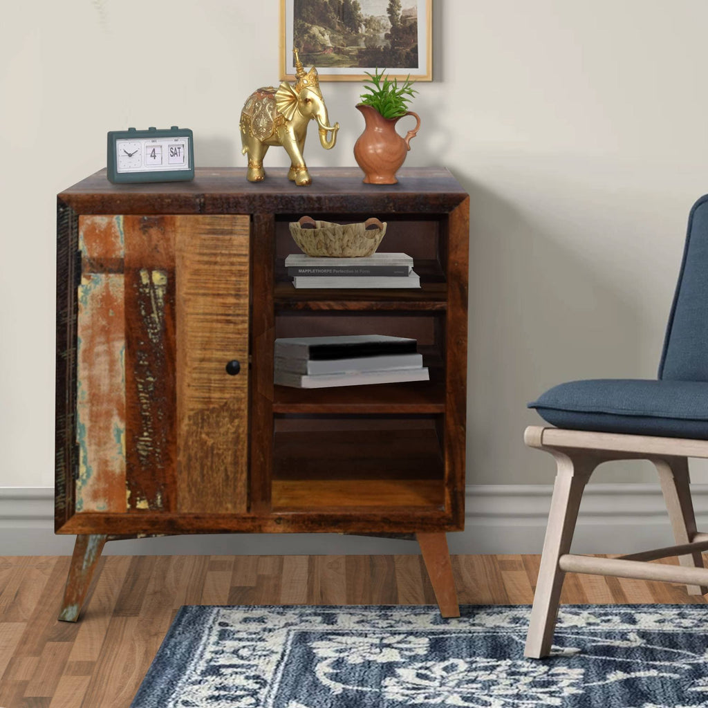 Distressed Brown Wooden Storage Cabinet with Door and 3 Open Shelves Y66769