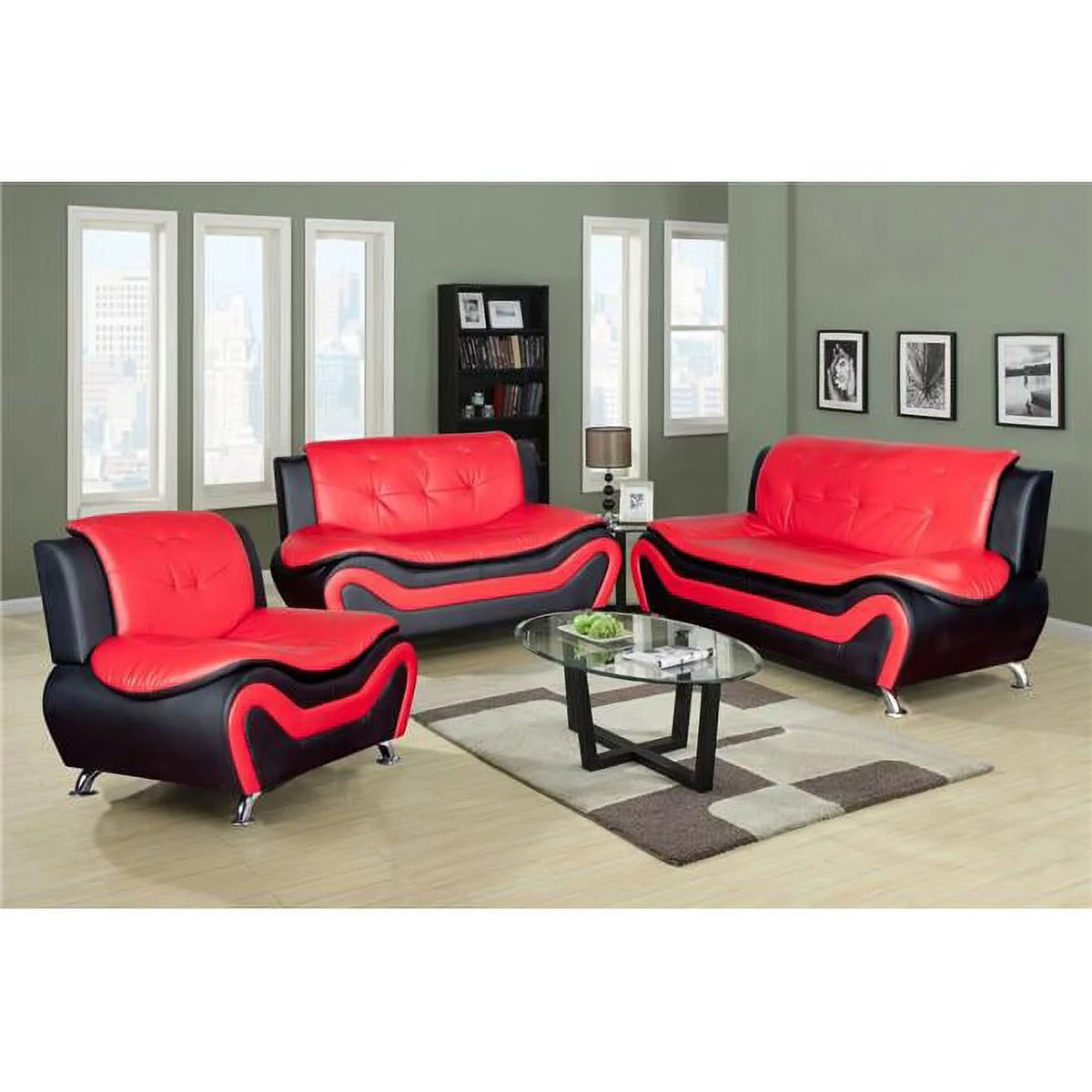 Black & Red 3 Piece Faux Leather Sofa Set O23352