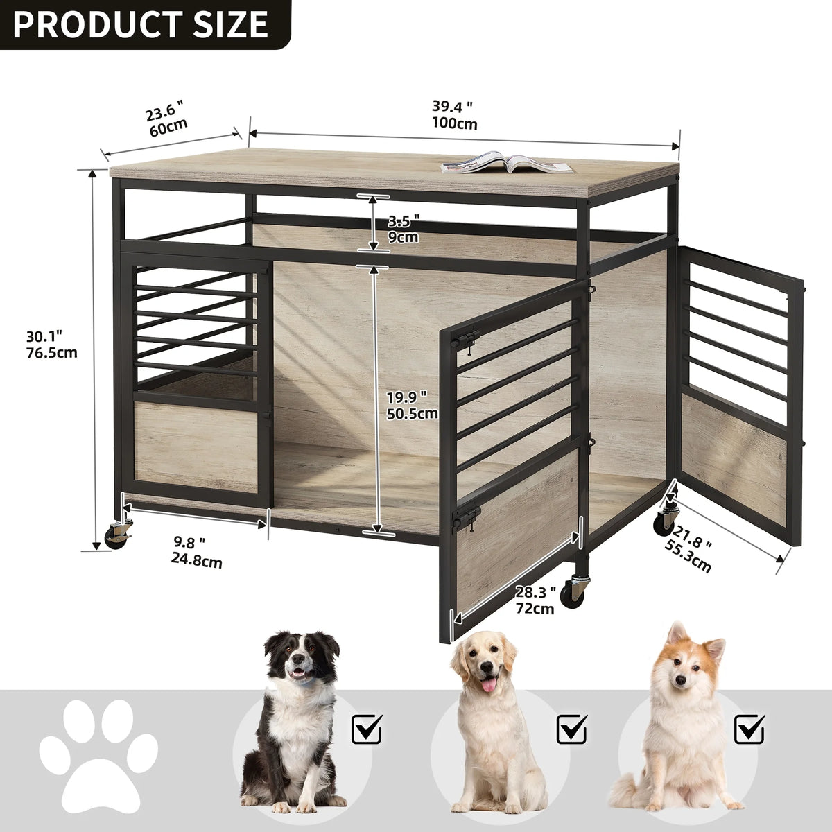 Grey Wooden Dog Crate Furniture with Wheels P7256