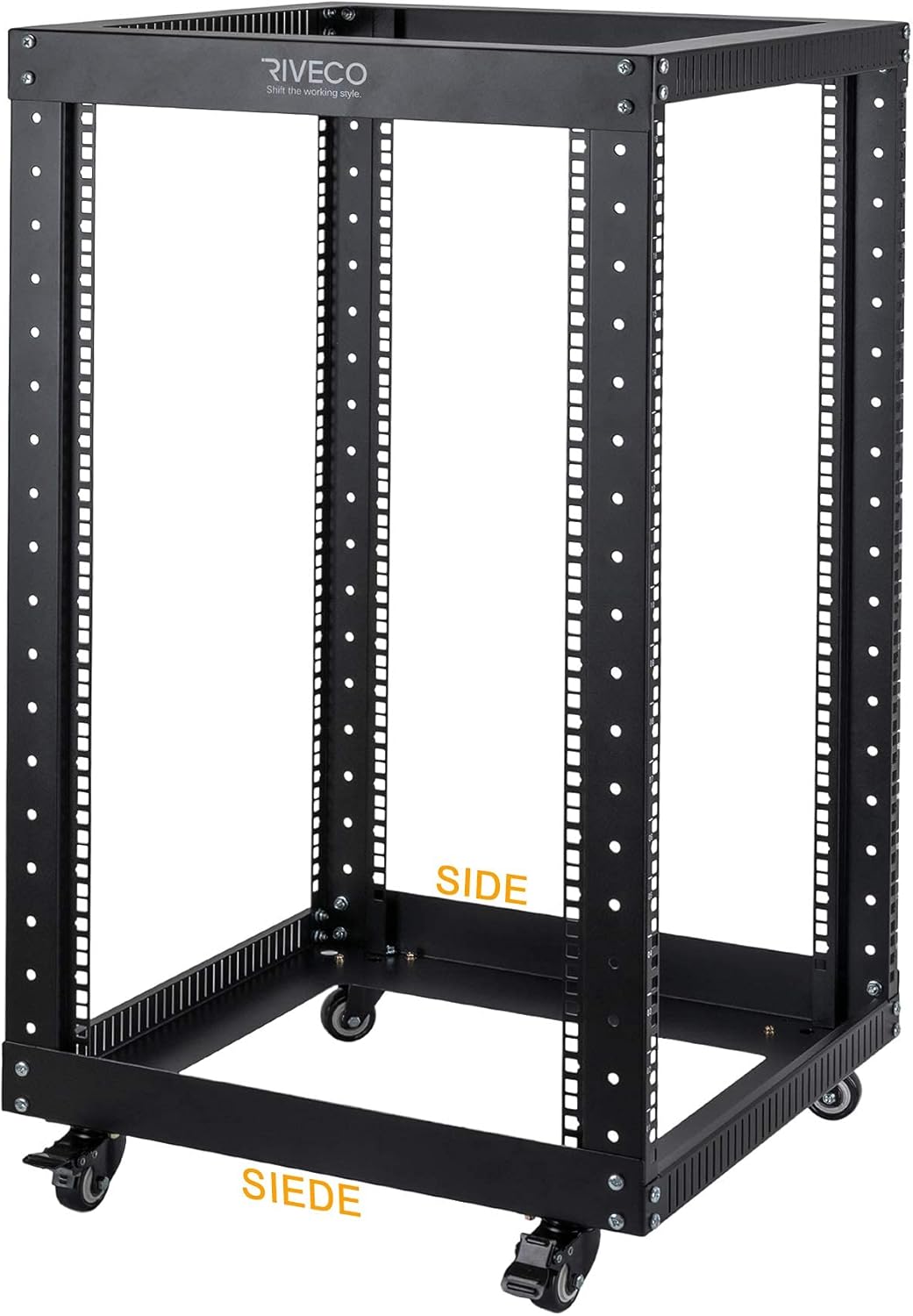 18U 4 Post Open Frame Server Rack with Brake Casters Black E30230