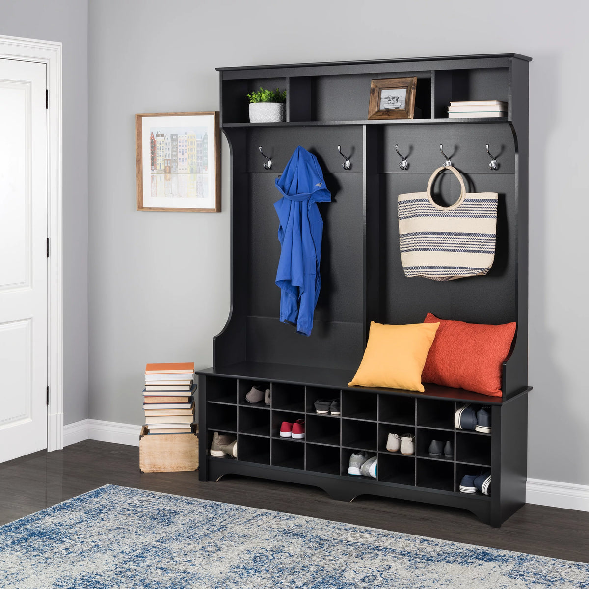 60" Wide Hall Tree with 24 Shoe Cubbies, Black A80712