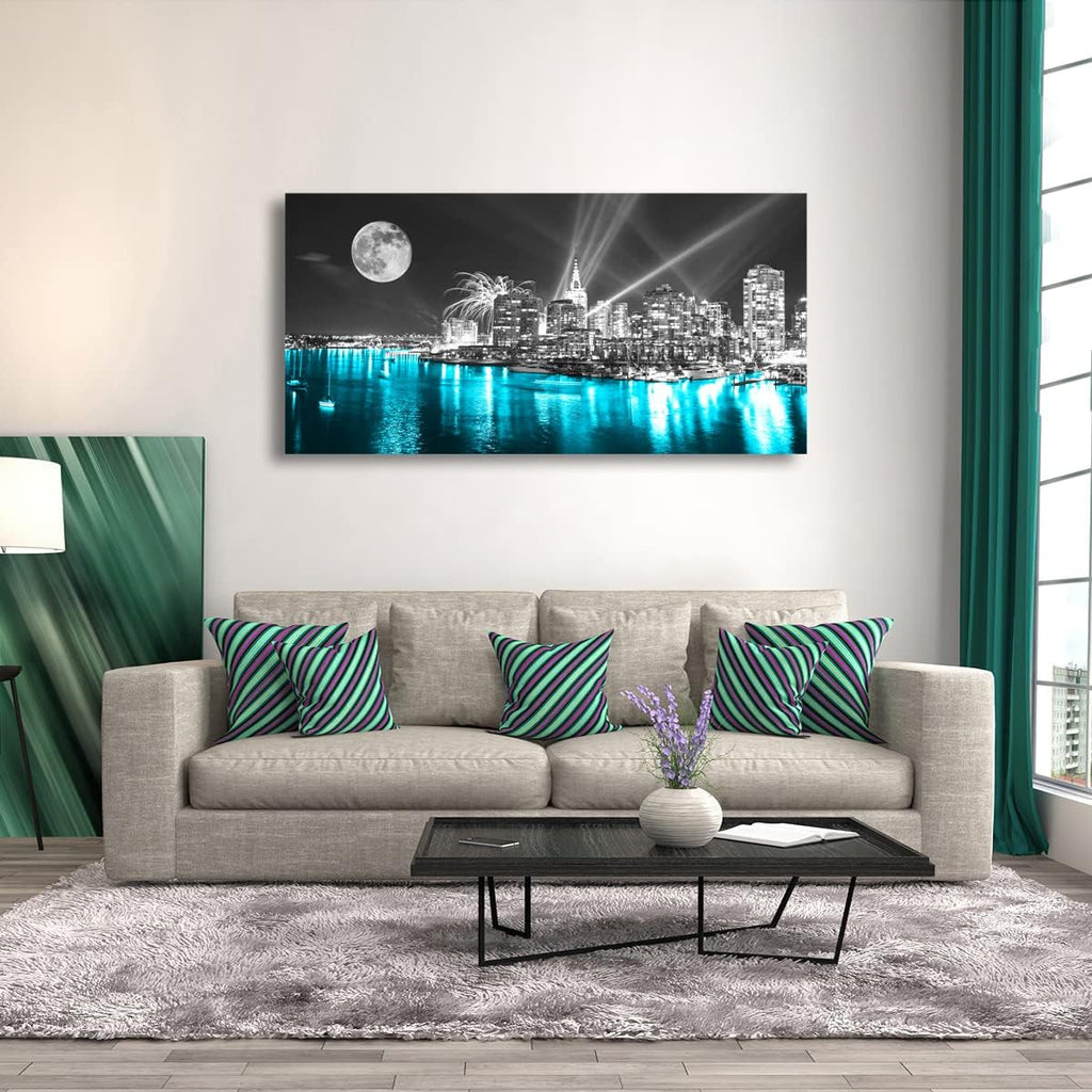 Moon Painting Wall Art Canvas Prints Cityscape Poster Lighted New York City Skyline Pictures Wooden Framed Artwork 20x40 Inches A20149