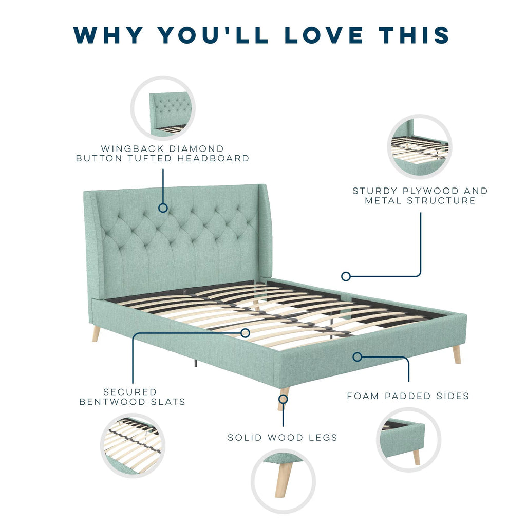 Queen Light Green Linen Tufted Upholstered Bed Frame F898