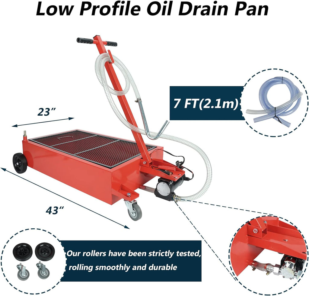 Low Profile Oil Drain Pan 17 Gallon Portable with 12V DC Centrifugal Electric Pump and 7 FT Hose A541549