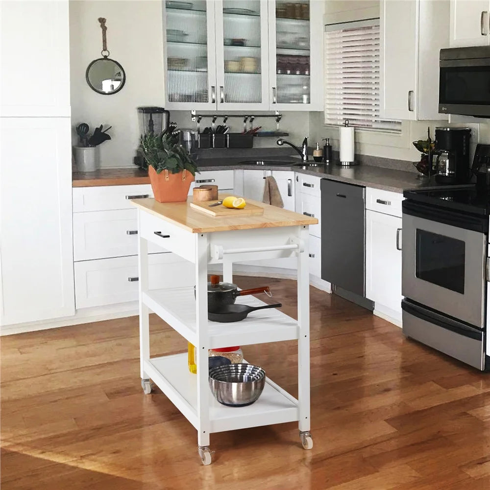White Kitchen Island Cart with Wheels Storage Drawer T912