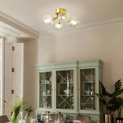 13" 4-Light Gild Brass Clear Ripple Blown Glass Globe Semi Flush Mount Chandelier F349797