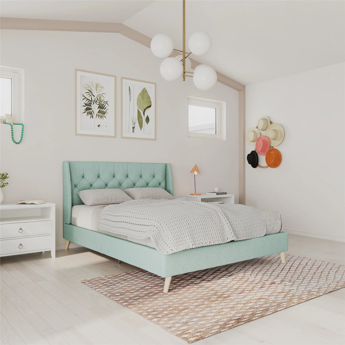 Queen Light Green Linen Tufted Upholstered Bed Frame F898