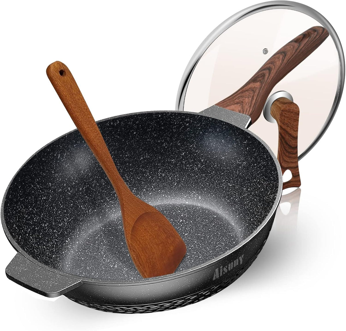 Nonstick Frying Pan with Lid and Wok Spatula, 12.5 Inch Cast Aluminum Skillet X266126