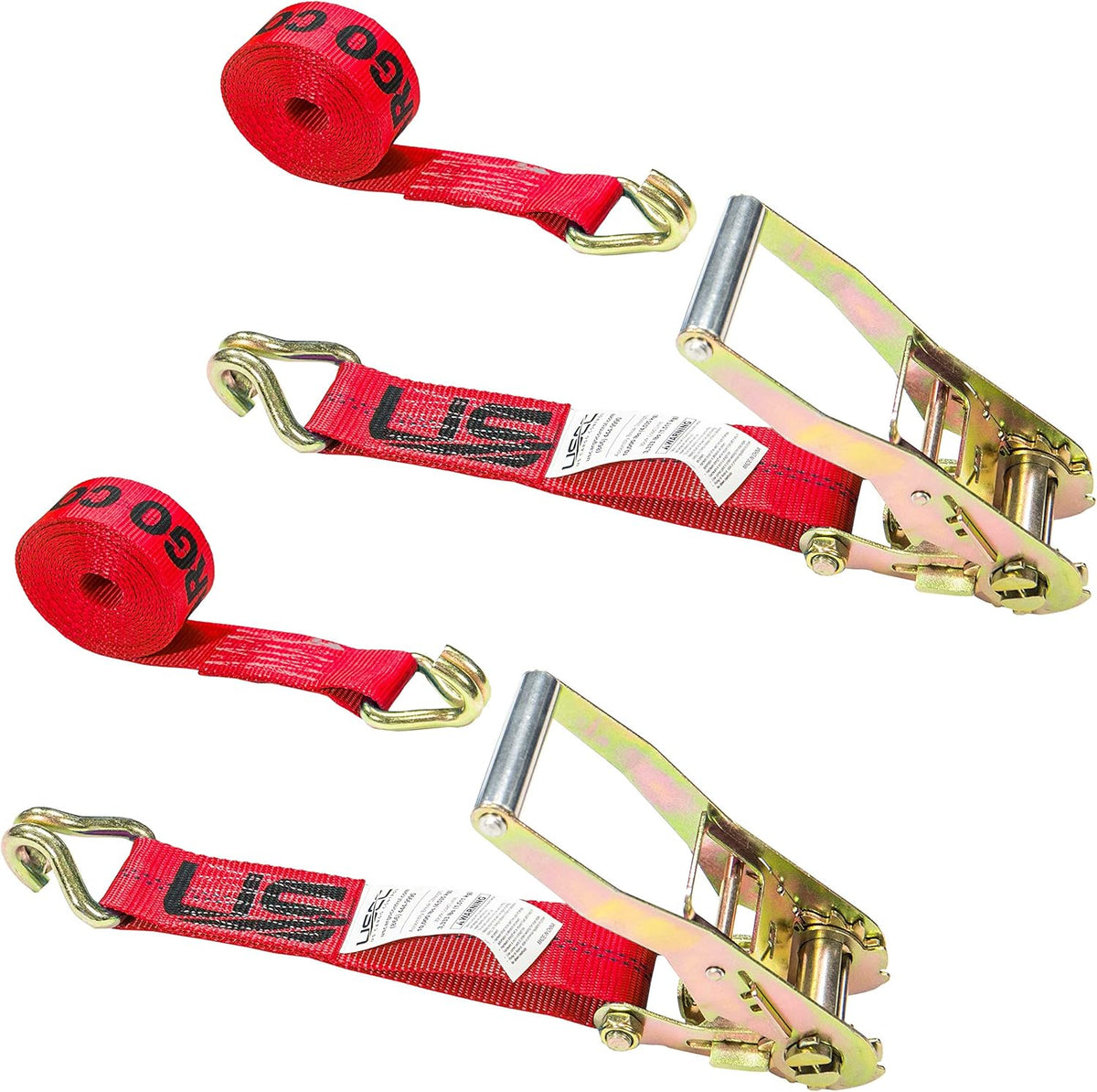 2 Inch x 12 Foot Red Ratchet Tie Down Straps with Double J Hooks, 2 Pack T4338