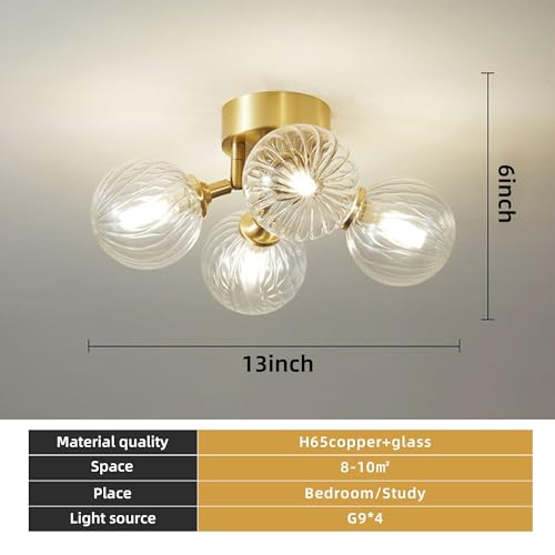 13" 4-Light Gild Brass Clear Ripple Blown Glass Globe Semi Flush Mount Chandelier F349797