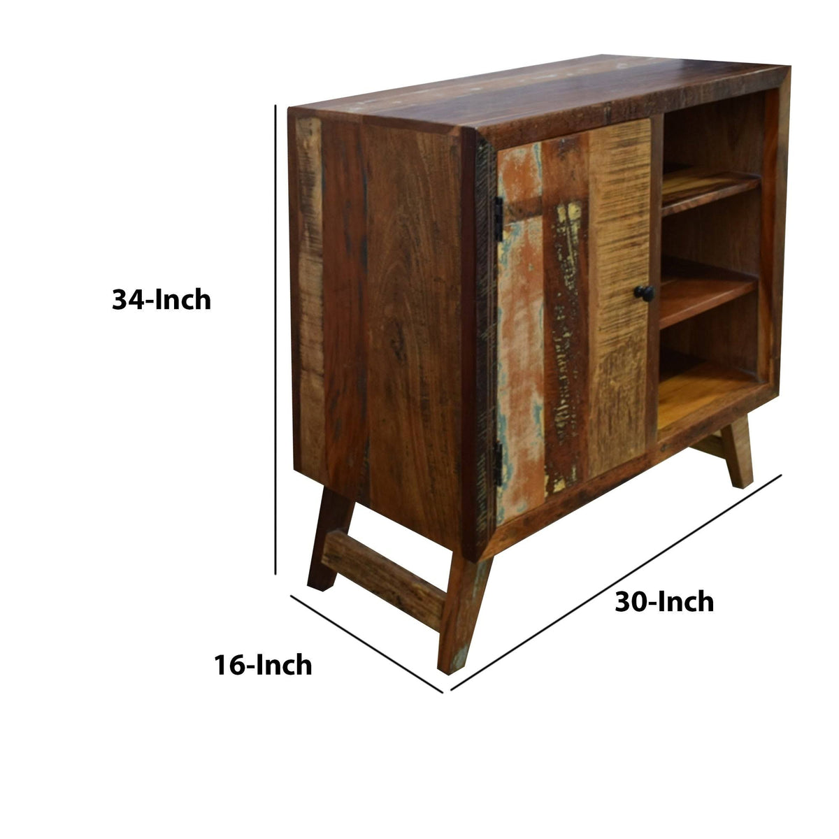 Distressed Brown Wooden Storage Cabinet with Door and 3 Open Shelves Y66769