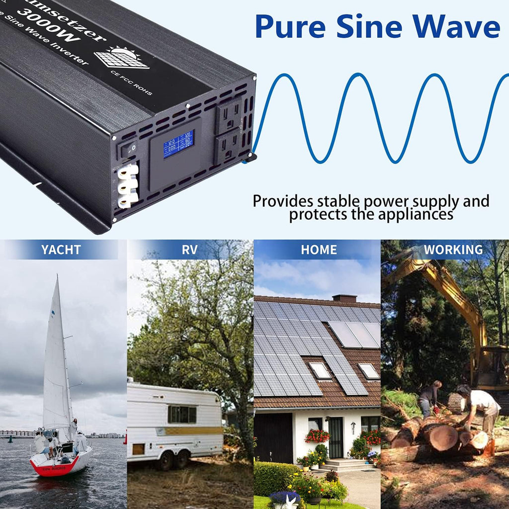 3000w 24v Pure Sine Wave Power Inverter with Dual US Outlet and LCD Display T457