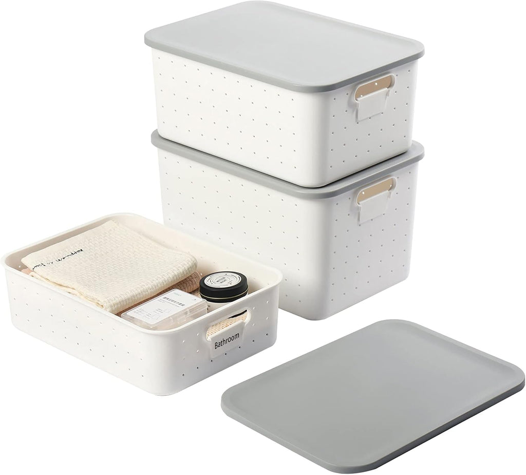 Set of 3 Plastic Storage Bins with Lid, White Stackable Organizer Lidded Basket with Writable Label S857