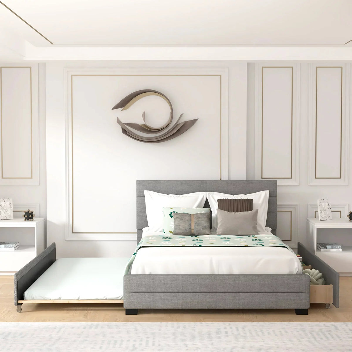 Queen Size Upholstered Platform Bed with Trundle D8923