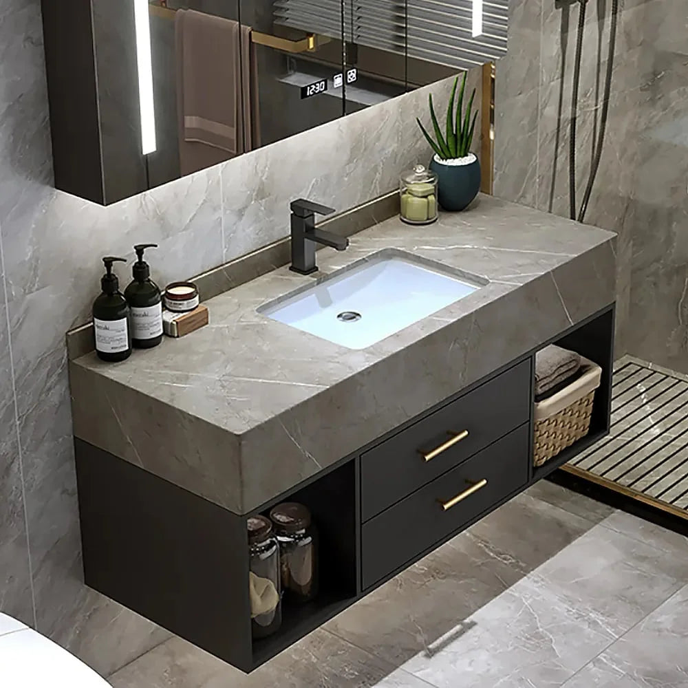 40" Black & Gray Bathroom Vanity with Sintered Stone Vessel Sink Y871126