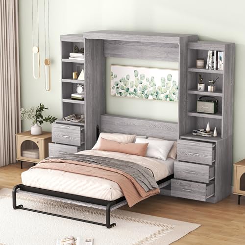 Solid Wood Full Size Murphy Bed Wall Bed with Shelves X7401