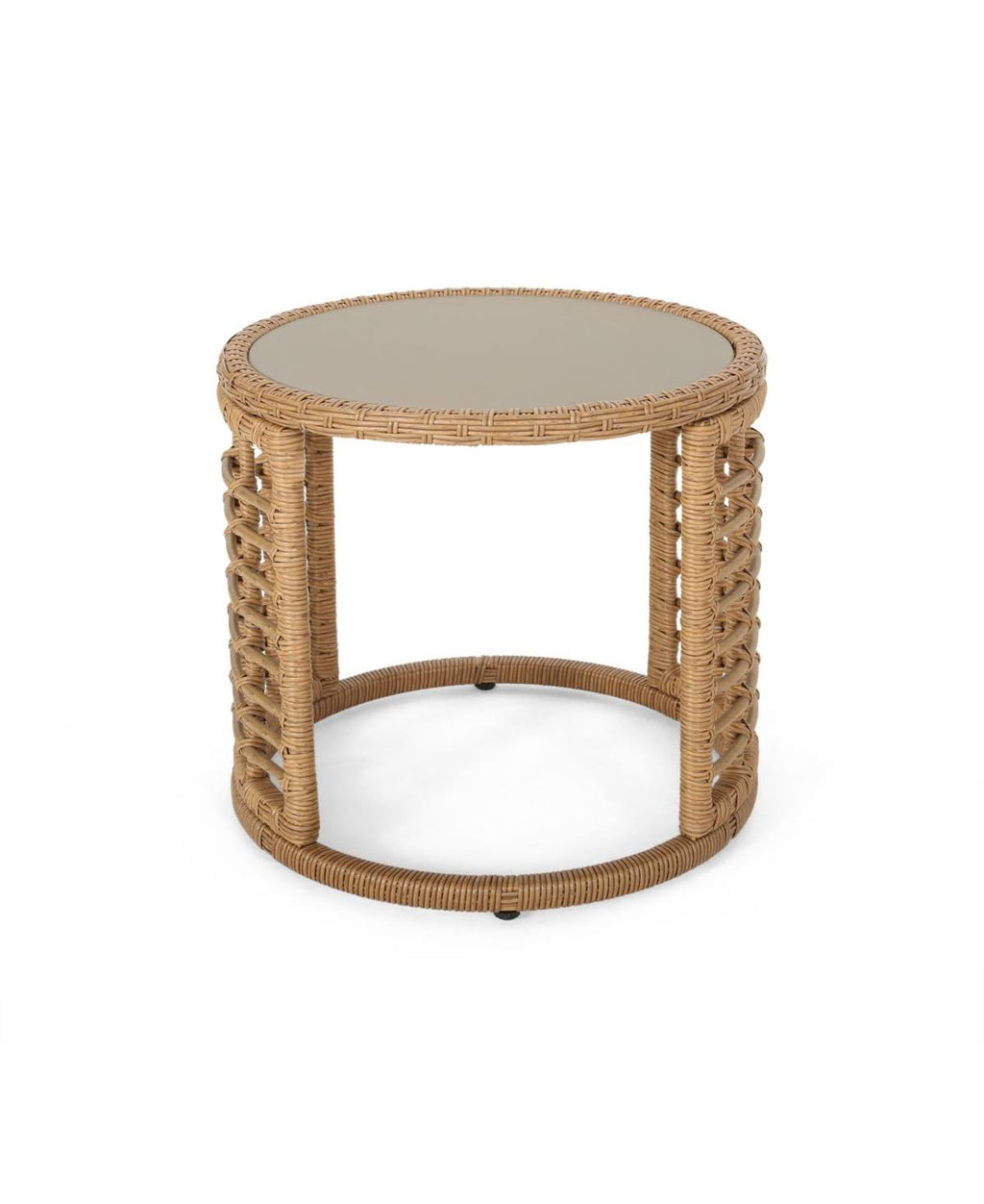 Tempered Glass Top Wicker Side Table in Light Brown I557775