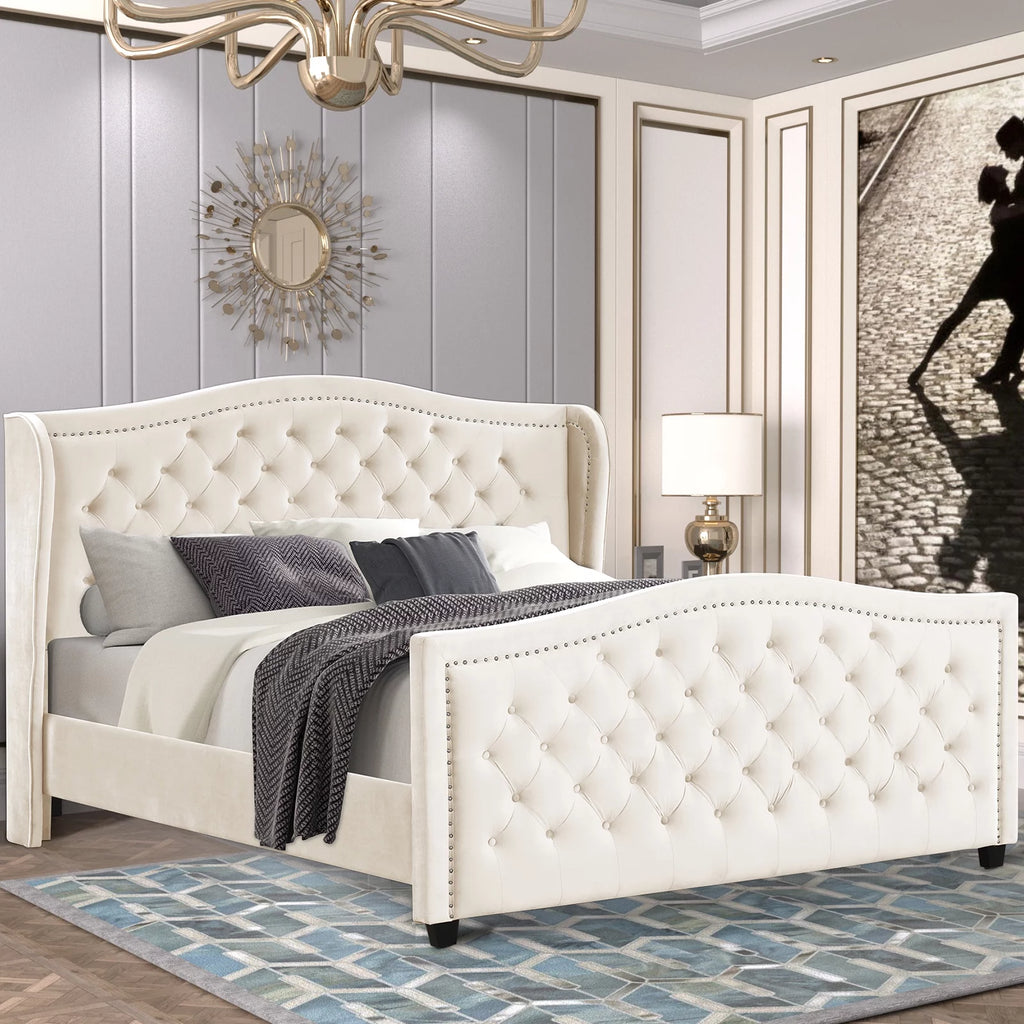 White Velvet Upholstered Tufted Platform Bed Frame X26337