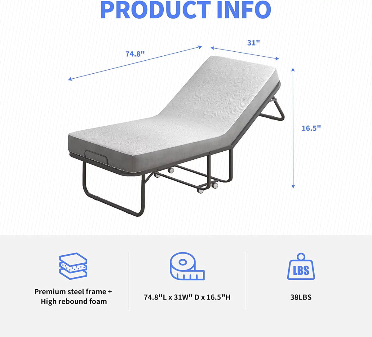 Folding Bed with 4 Inch Mattress and Lockable Wheels S987871