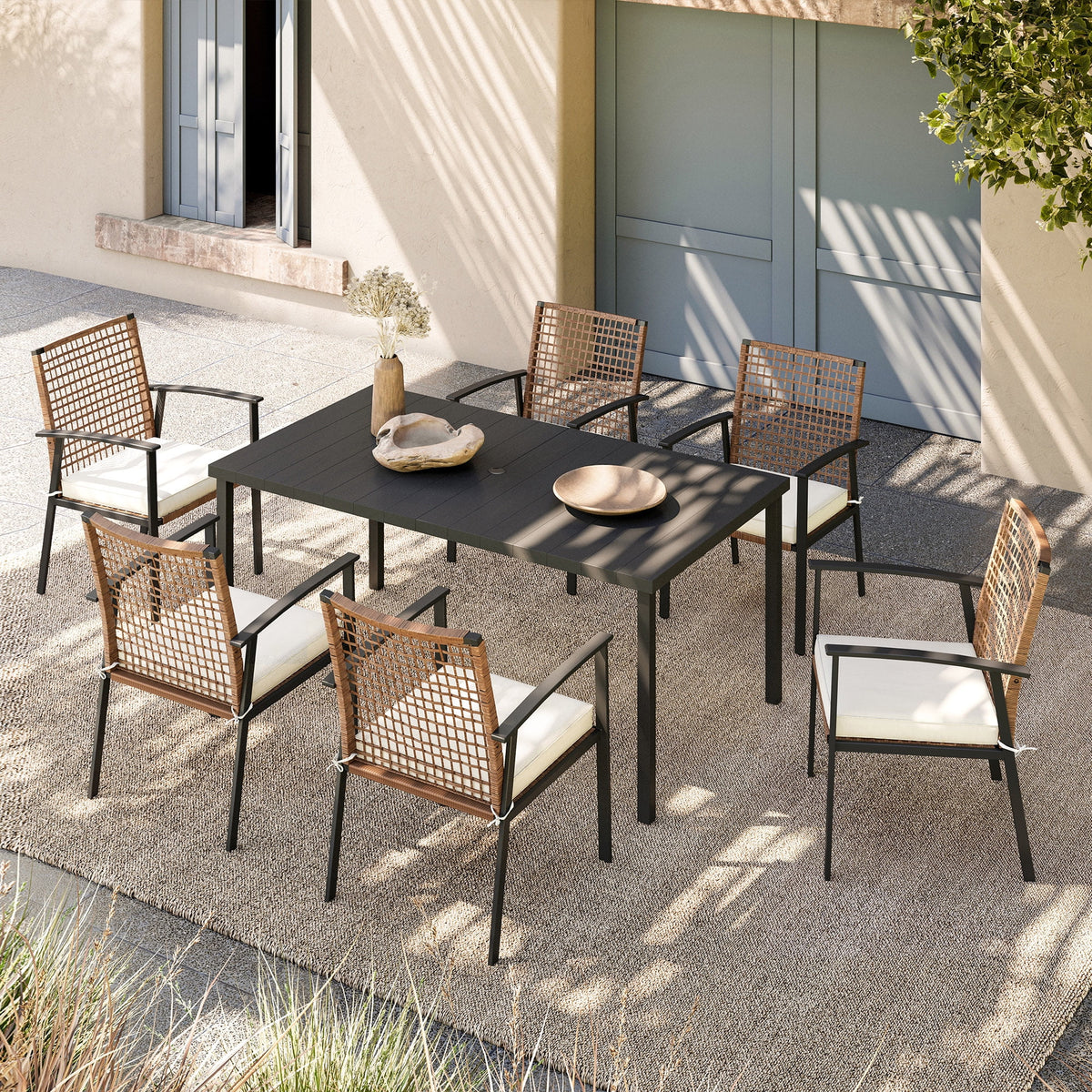 5 Pieces Patio Dining Set with Beige Seat Cushions and Table W30355