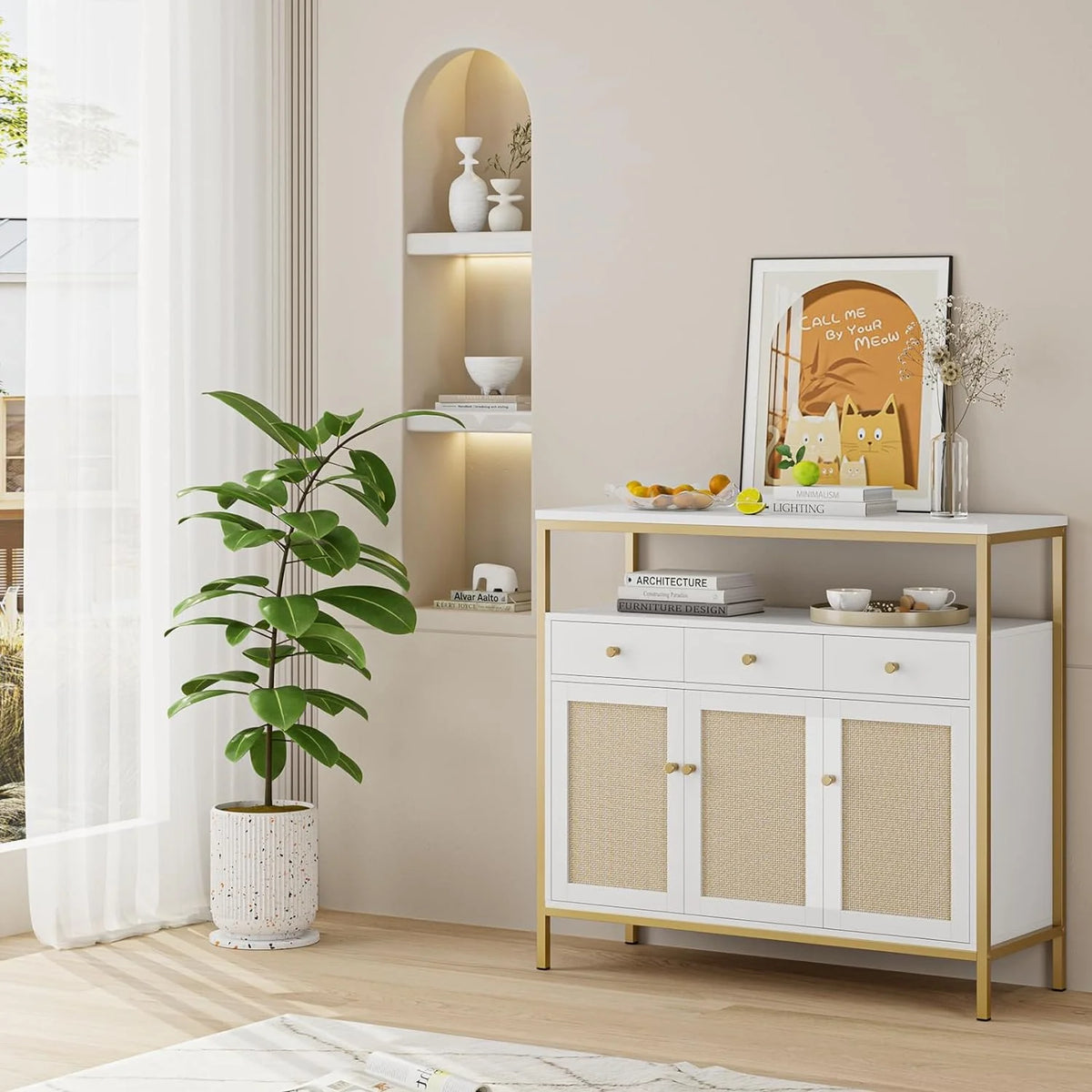 White and Gold Dresser with Drawers and Doors M779914