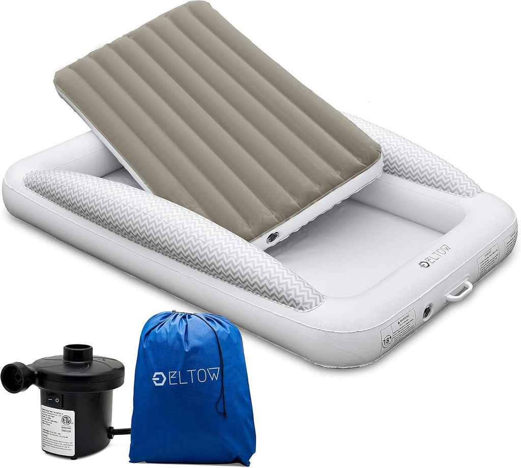 Inflatable Toddler Bed Air Mattress with Safety Bumper, Portable Travel Cot with Removable Mattress, High Speed Pump and Travel Bag B496