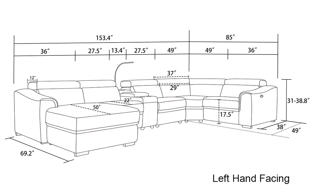 Light Grey 6 Pc Reclining Sectional with Left Hand Facing Chaise H40763