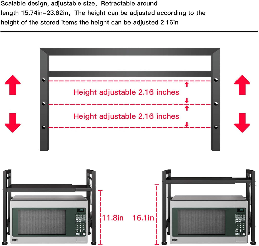 Expandable Metal Microwave Oven Rack Shelf 2 Tiers with 3 Hooks Black S290