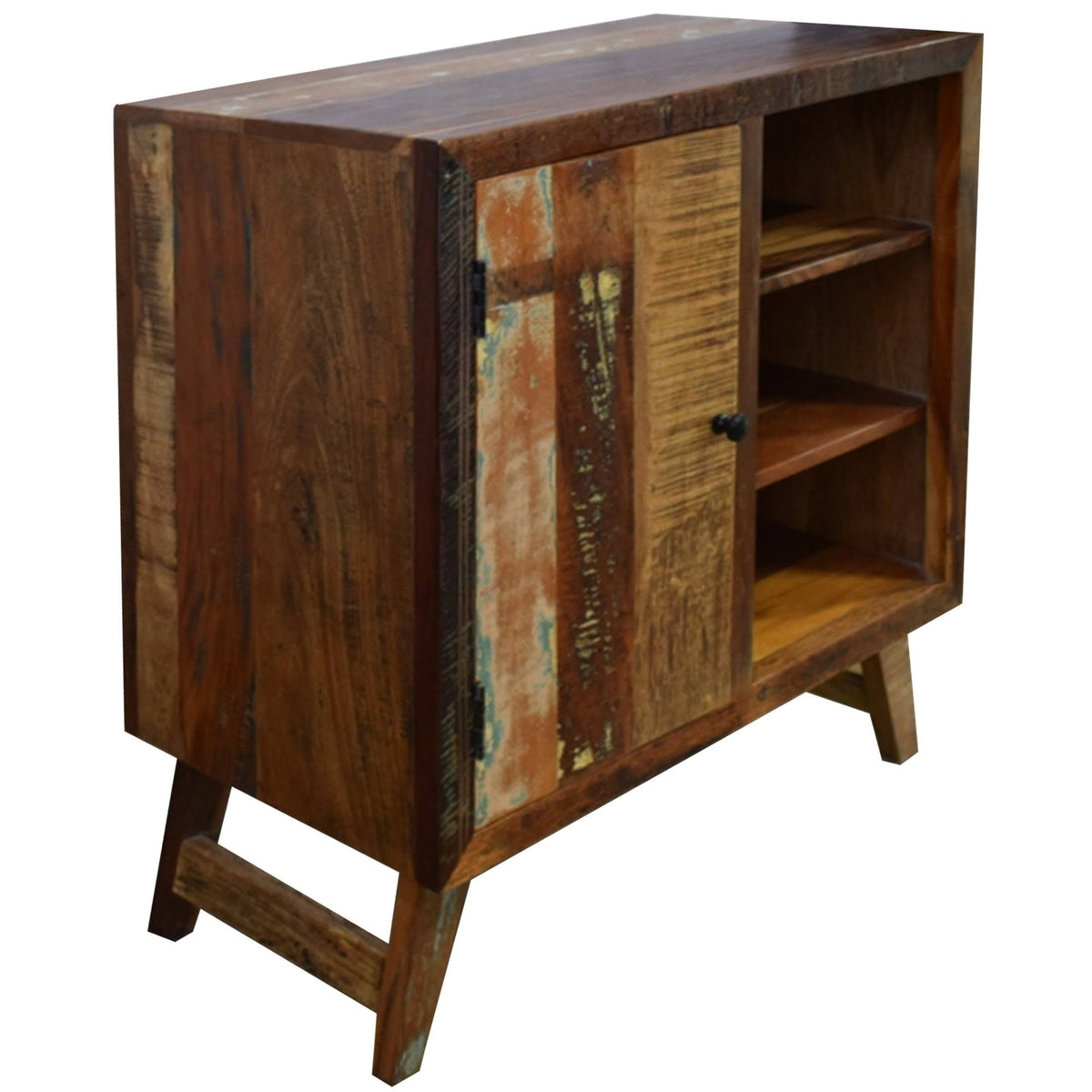 Distressed Brown Wooden Storage Cabinet with Door and 3 Open Shelves Y66769