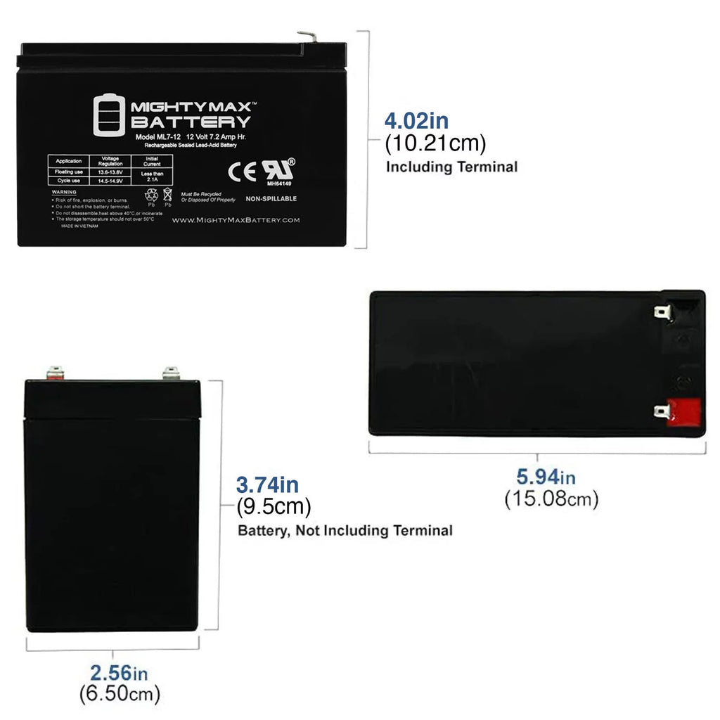 12V 7.2AH Replacement Battery + 12V 1Amp Charger V500
