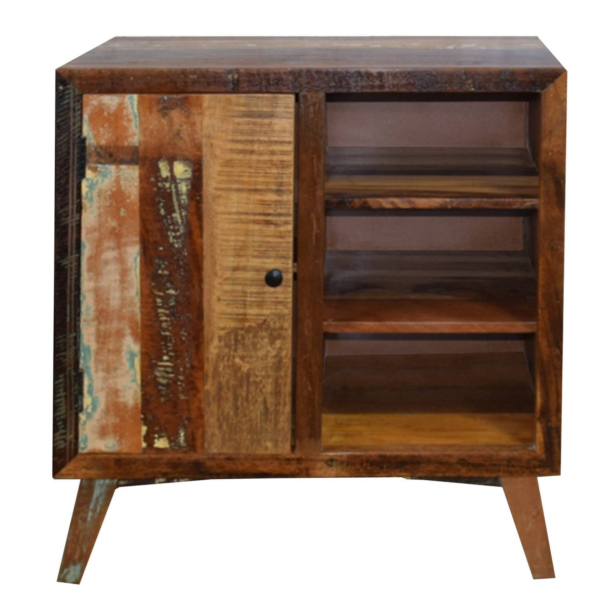 Distressed Brown Wooden Storage Cabinet with Door and 3 Open Shelves Y66769