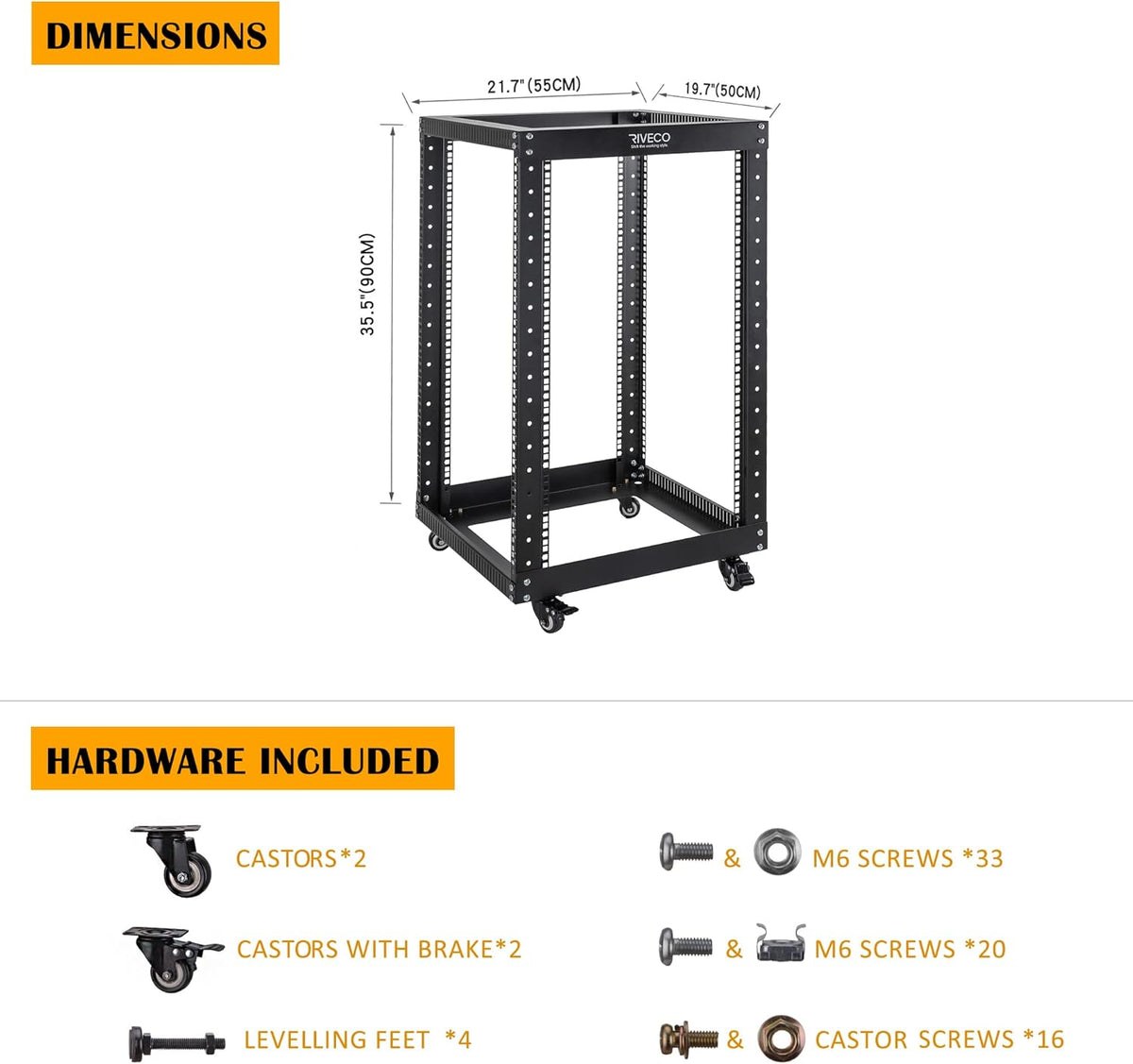 18U 4 Post Open Frame Server Rack with Brake Casters Black E30230