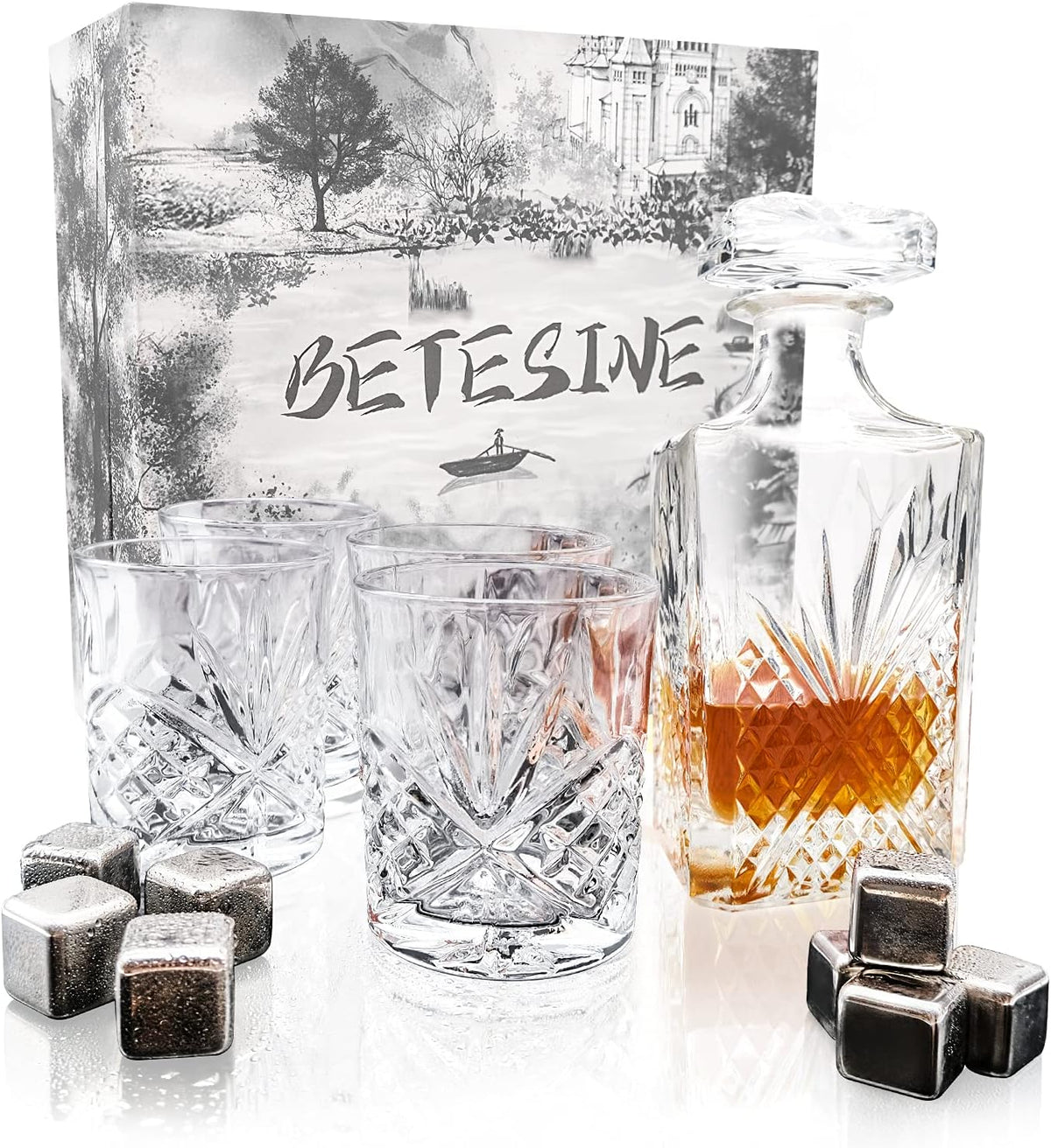 Crystal Whiskey Decanter Set with 4 Glasses and Chilling Whiskey Stones W237
