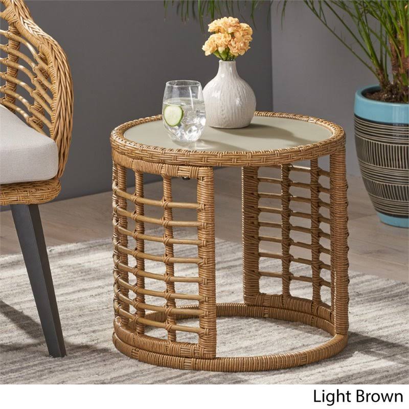 Tempered Glass Top Wicker Side Table in Light Brown I557775