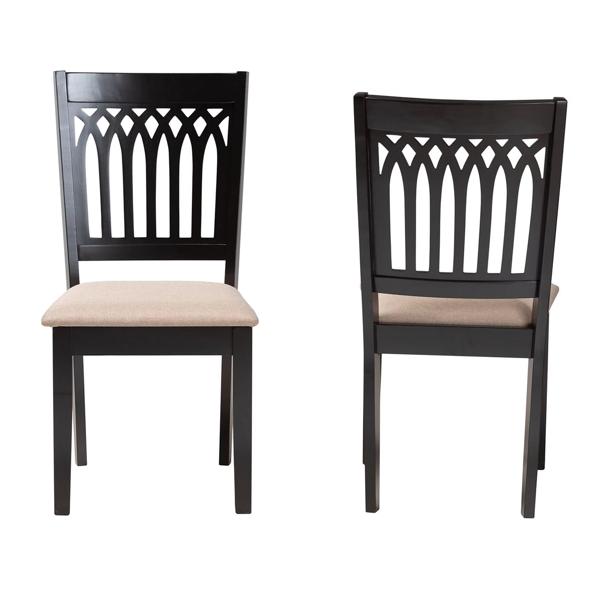 Beige Fabric Dark Brown Wood 2-Piece Dining Chair Set W644