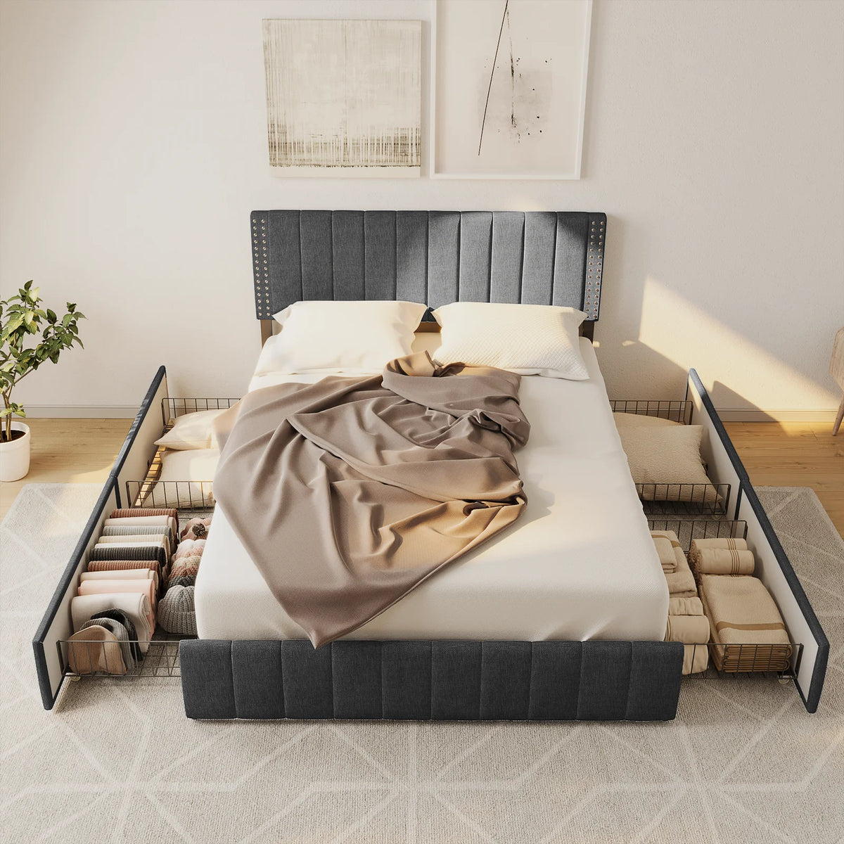 Full Bed Frame with 4 Storage Drawers Dark Grey K453