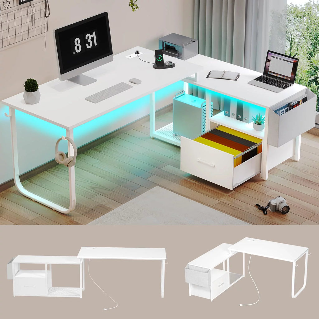 L Shaped Desk with LED Light and Power Outlet U429519