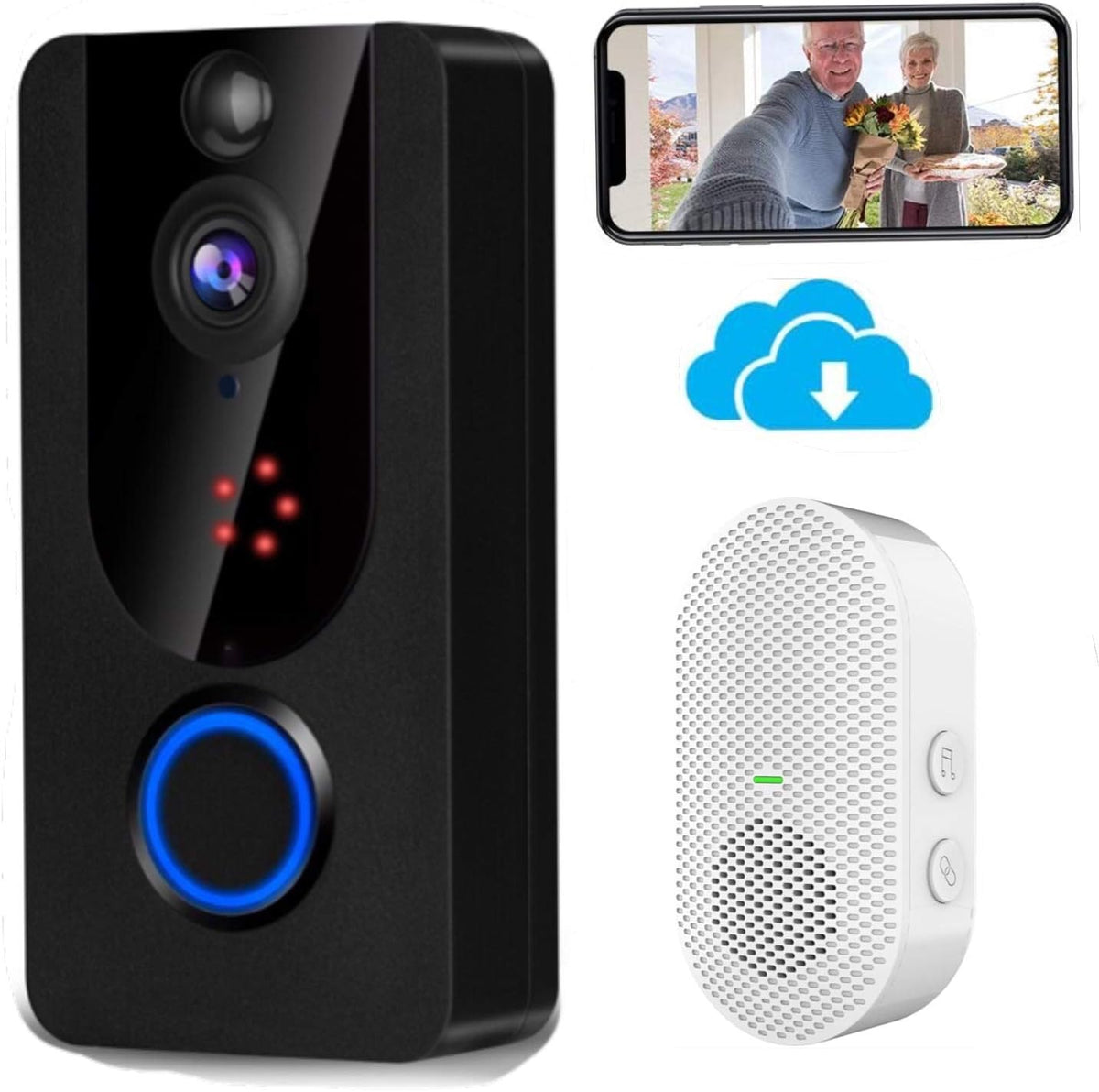 Wireless Video Doorbell Camera with Chime, 1080P, PIR Motion Detection, IP65 Waterproof, 2-Way Audio, Night Vision, Pack of 2 O46168