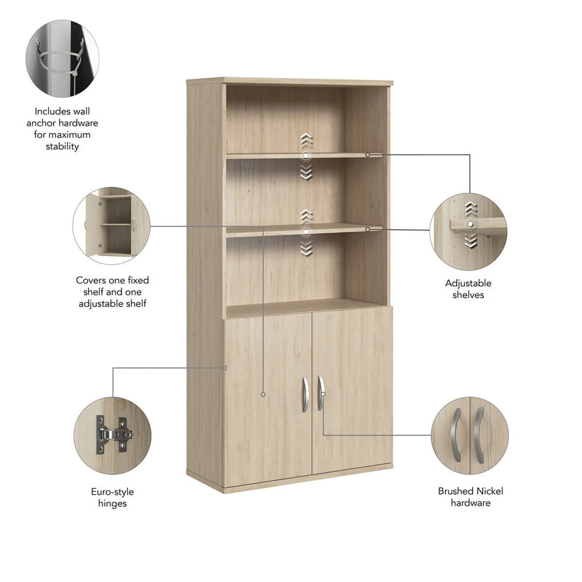 Tall 5 Shelf Bookcase with Doors Engineered Wood Y790